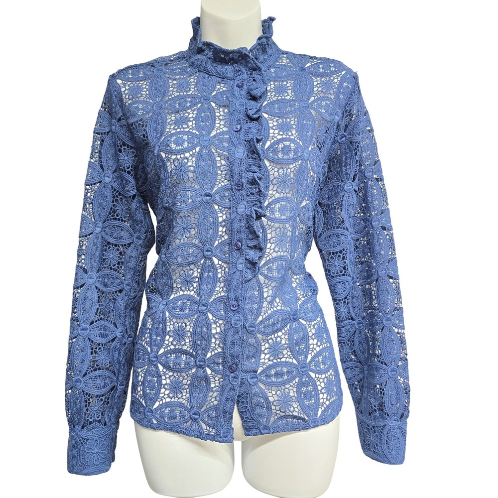 Ann Taylor Womens Periwinkle Blue Floral Guipure Lace Ruffle Mock Neck Blouse S